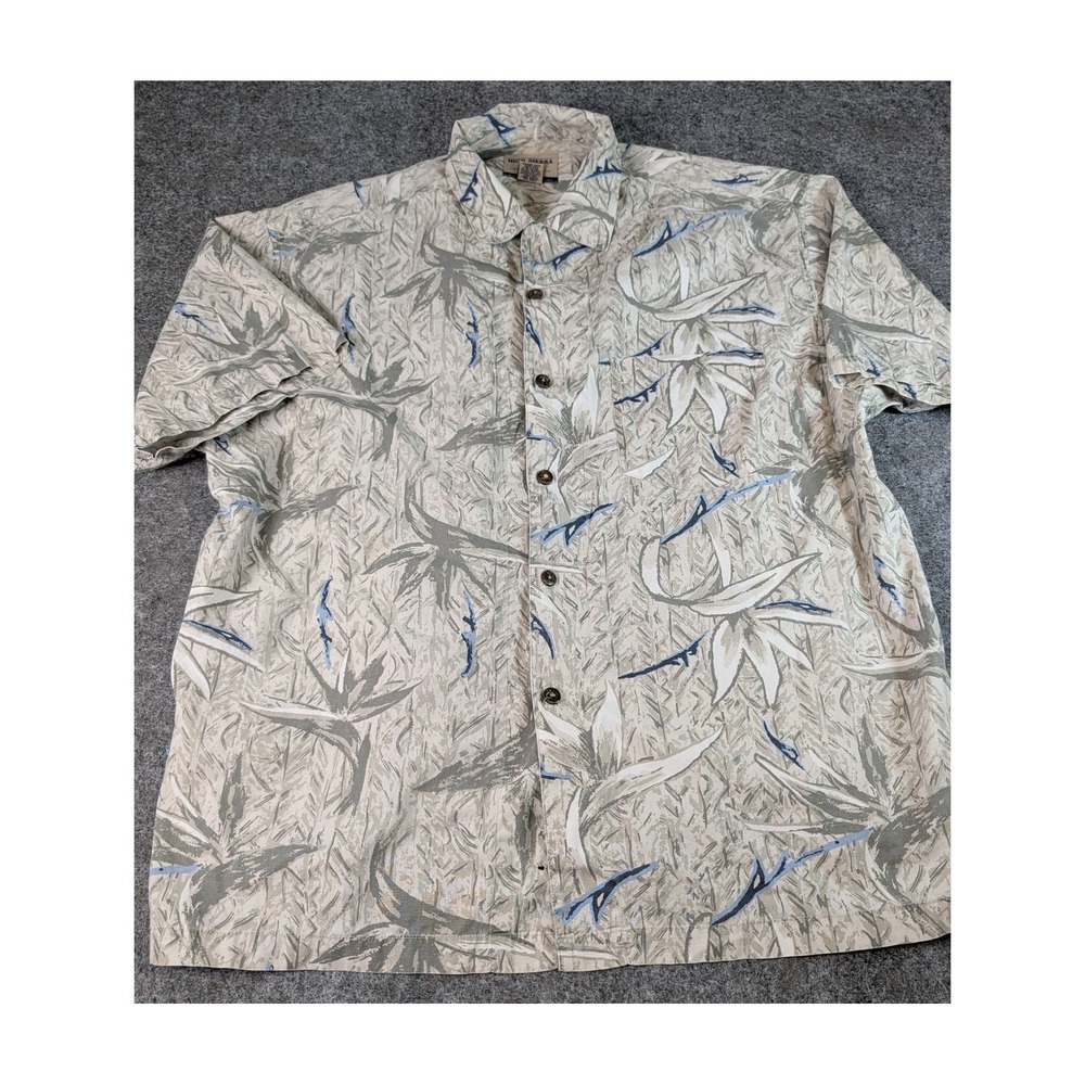 High Sierra Mens Large Cotton Short Sleeve Button Down Shirt Tropical Tan Blue